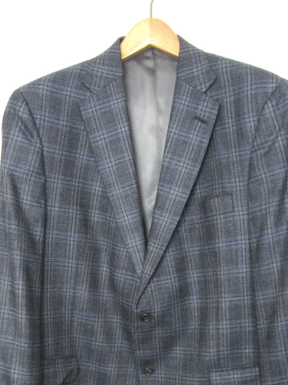 Hart Schaffner Marx 46R Blue Wool Silk Sport Coat Windowpane Plaid EUC